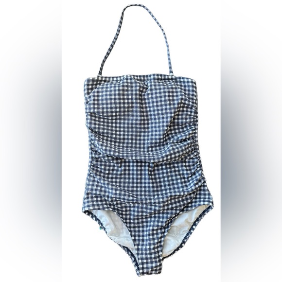 J. Crew Gingham Bandeau One-Piece Swimsuit Blue and White Size 6 Seersucker EUC - Picture 1 of 4